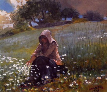 Winslow Homer Painting - Girl and Daisies Realism painter Winslow Homer